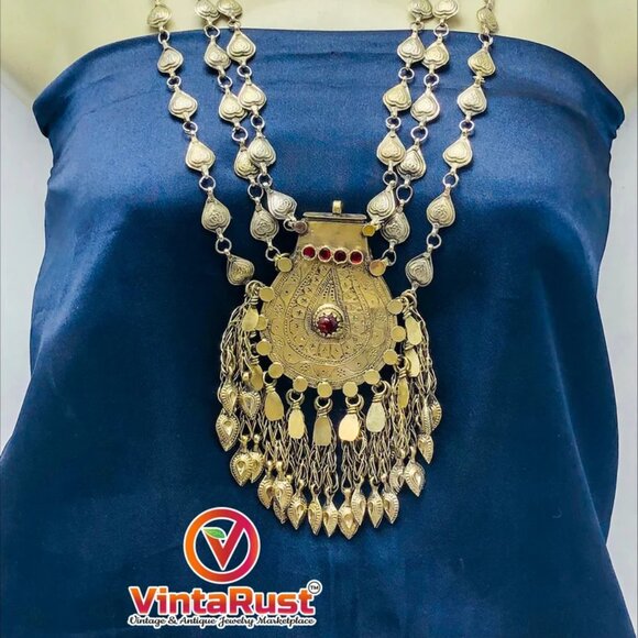 Vintage Massive Pendant Necklace, Antique Jewelry, Tribal Necklace With Tassels - Picture 1 of 9